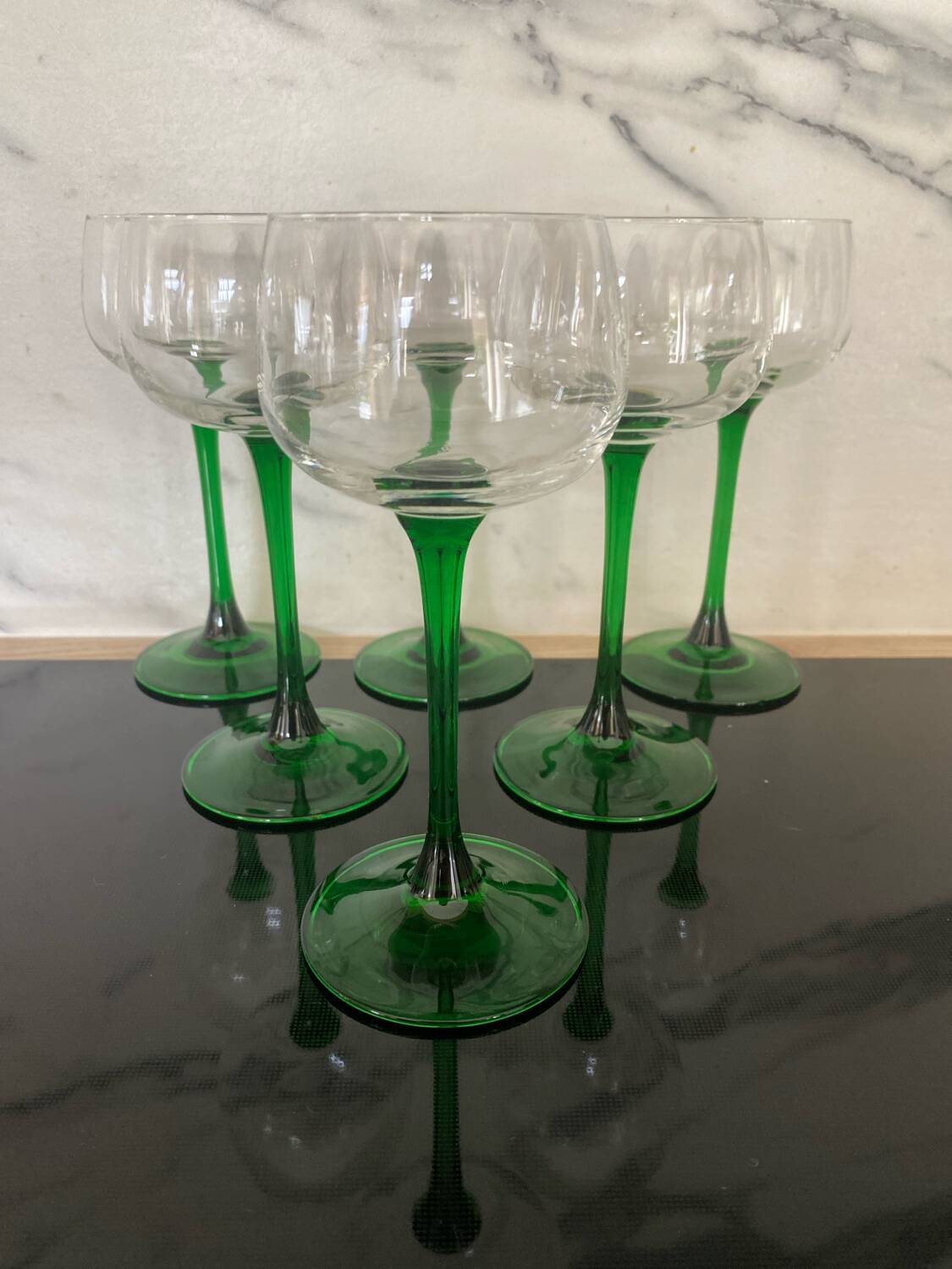 6 vintage green liqueur glasses from France