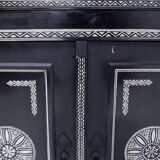 Antique wooden cabinet painted in black and with incised white painted decorations, Ettore Zaccari, Italy c 1910