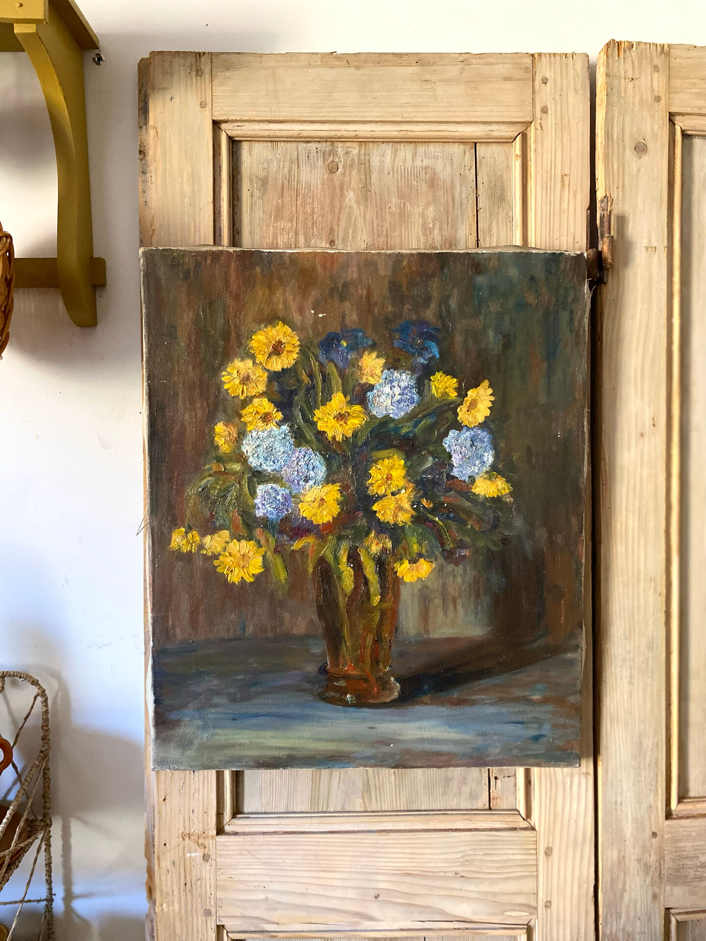 Oil on canvas, bouquet of yellow and blue flowers, mid-20th century.