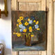 Oil on canvas, bouquet of yellow and blue flowers, mid-20th century.