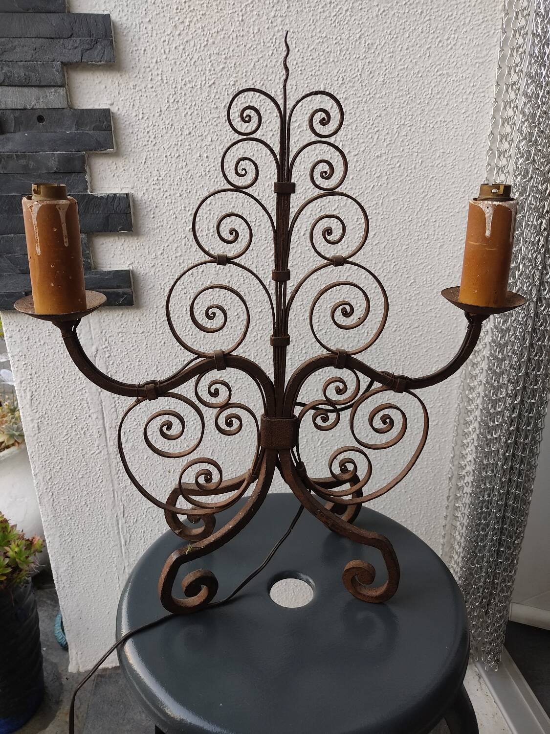 Pair of antique wrought iron lamps