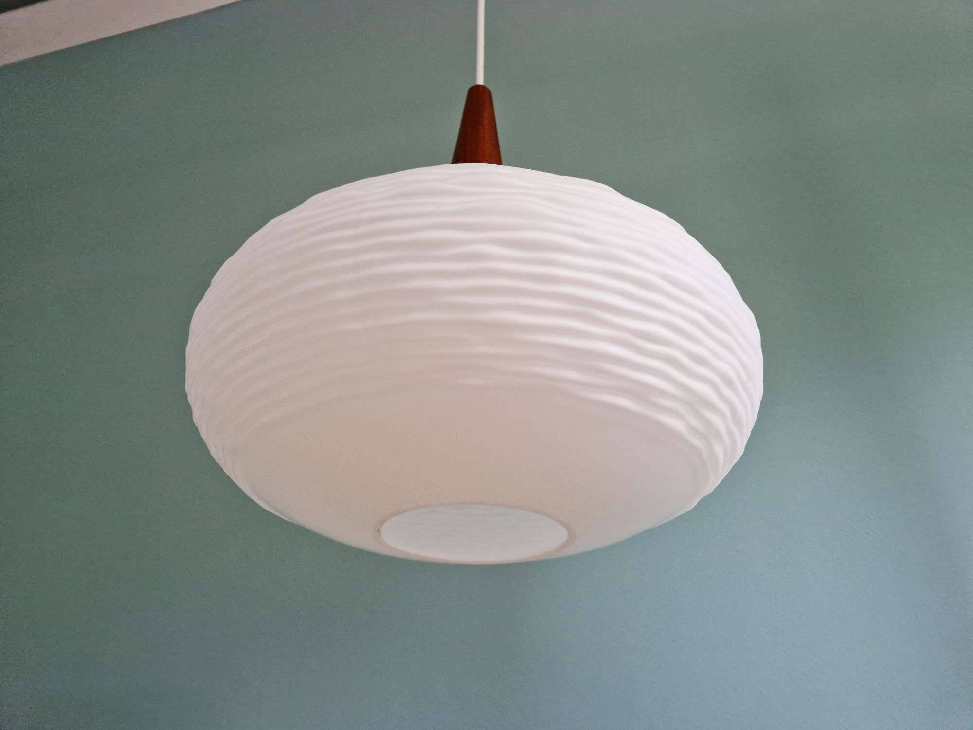 White opaline and teak pendant light, Scandinavian style, 1960s