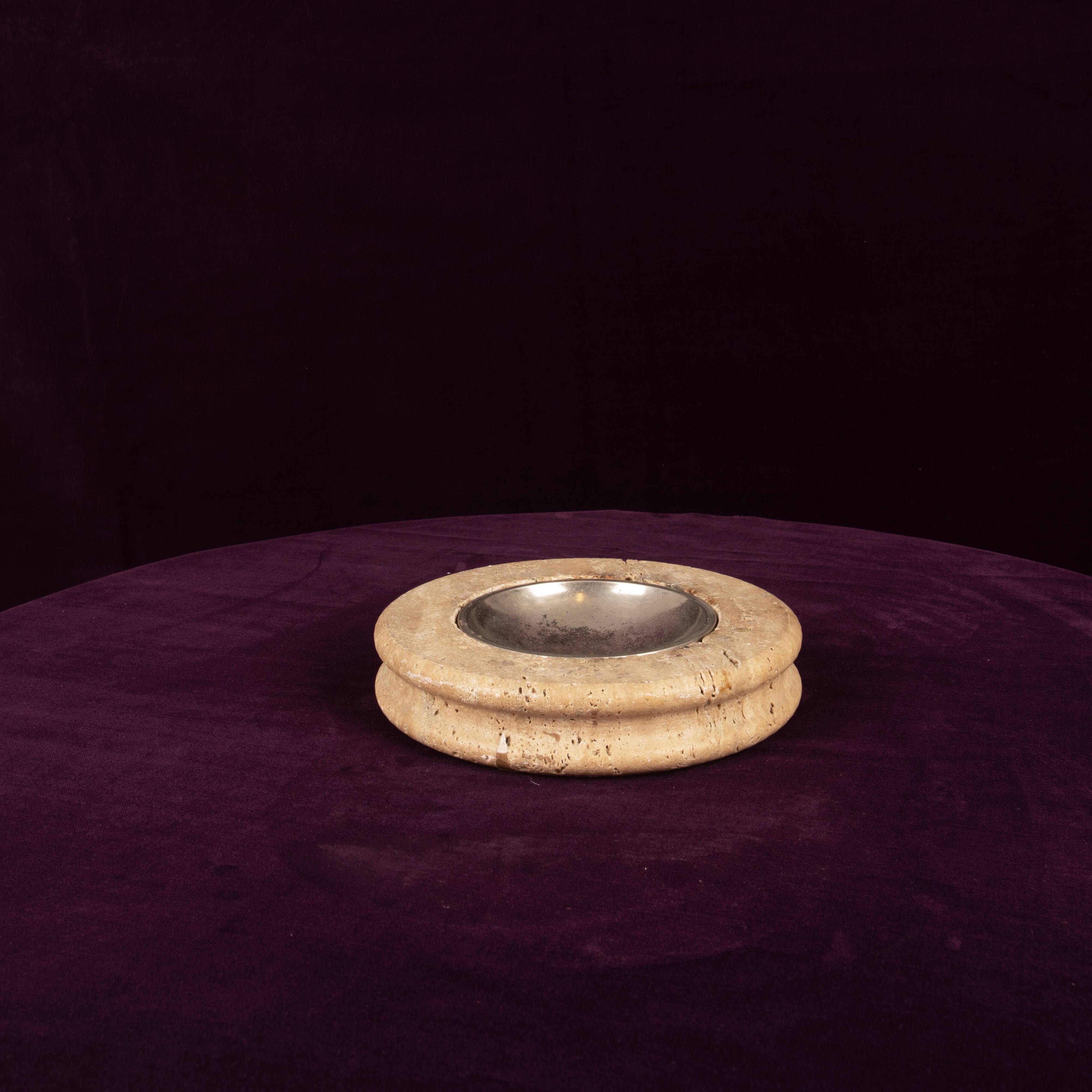 Round Italian Travertine Ashtray with Removable Metal Dish 1970