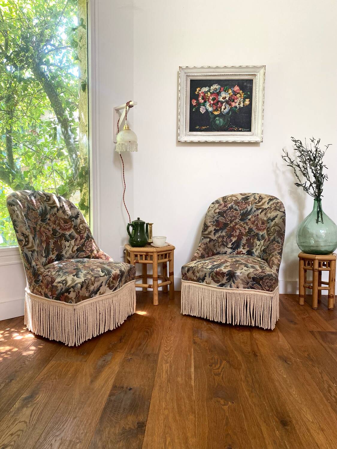 Pair of antique tapestry toad armchairs