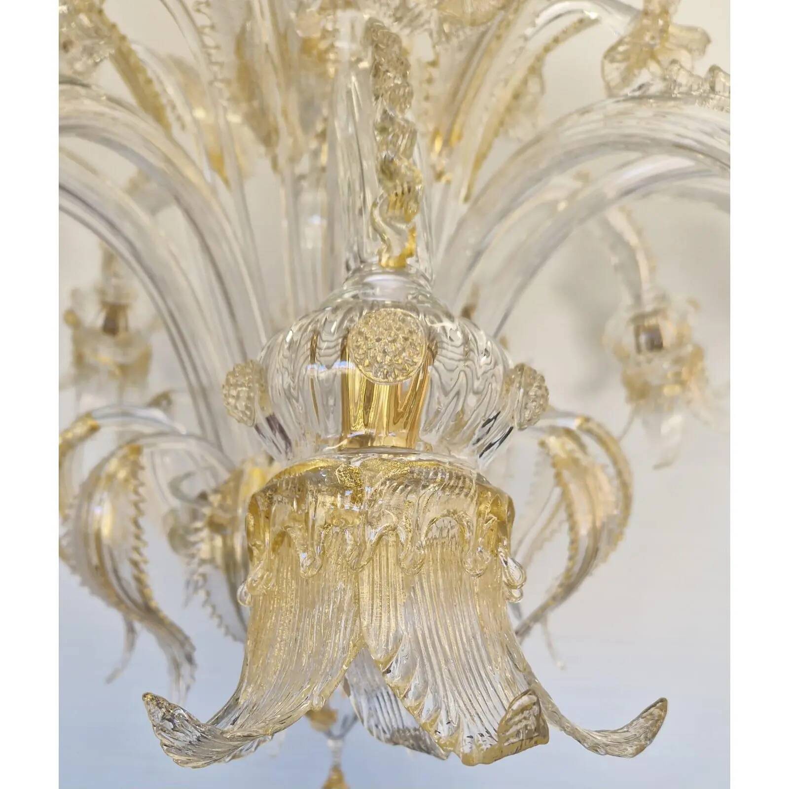 Opulent Gold and Clear Murano Glass Chandelier with Flowers and Leaves