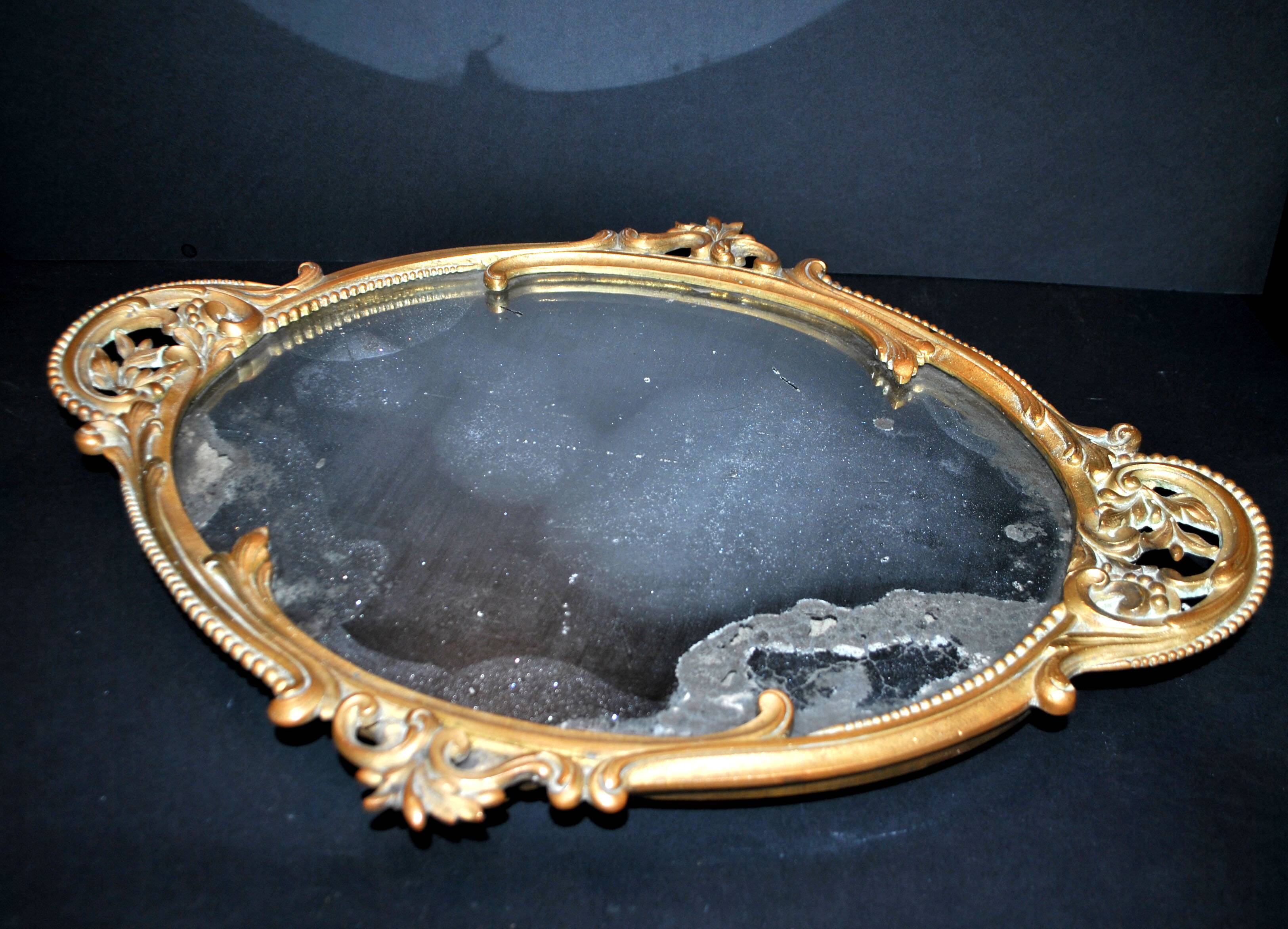 Antique mirror tray Centerpiece mainly in bronze and mercury glass