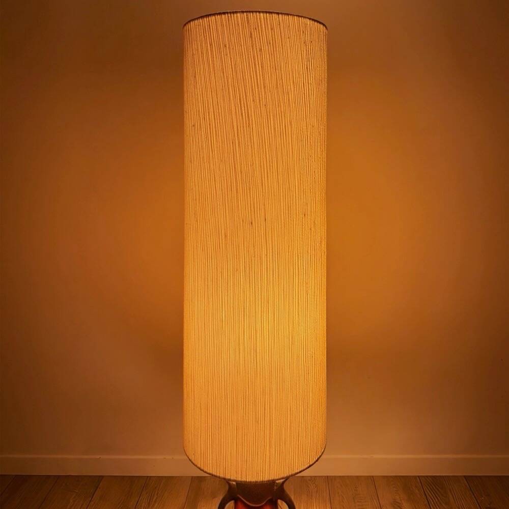 Orange ceramic sun lamp with jute fabric from the 1970s.