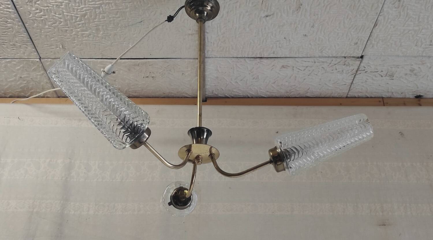 Brass chandelier with three lights and glass tulips - 1950s/60s
