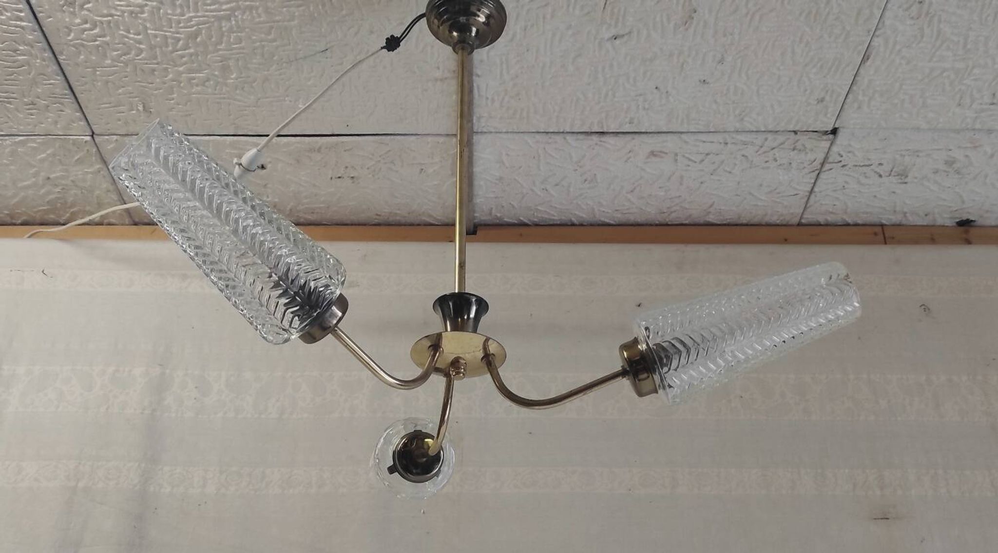 Brass three-light chandelier with glass tulips - 1950s/60s