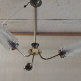 Brass chandelier with three lights and glass tulips - 1950s/60s