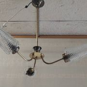 Brass three-light chandelier with glass tulips - 1950s/60s