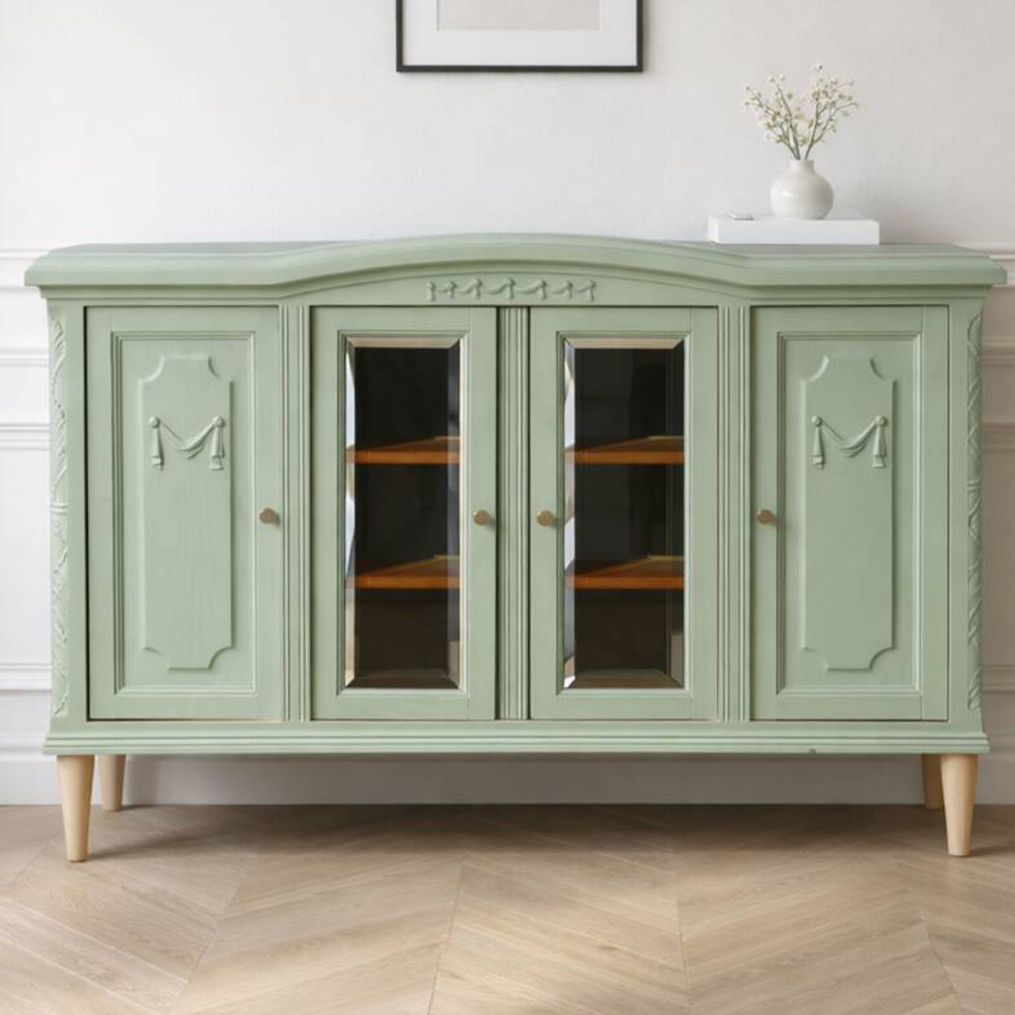 Renovated vintage sage green enfilade – wooden legs & bevelled display cabinets