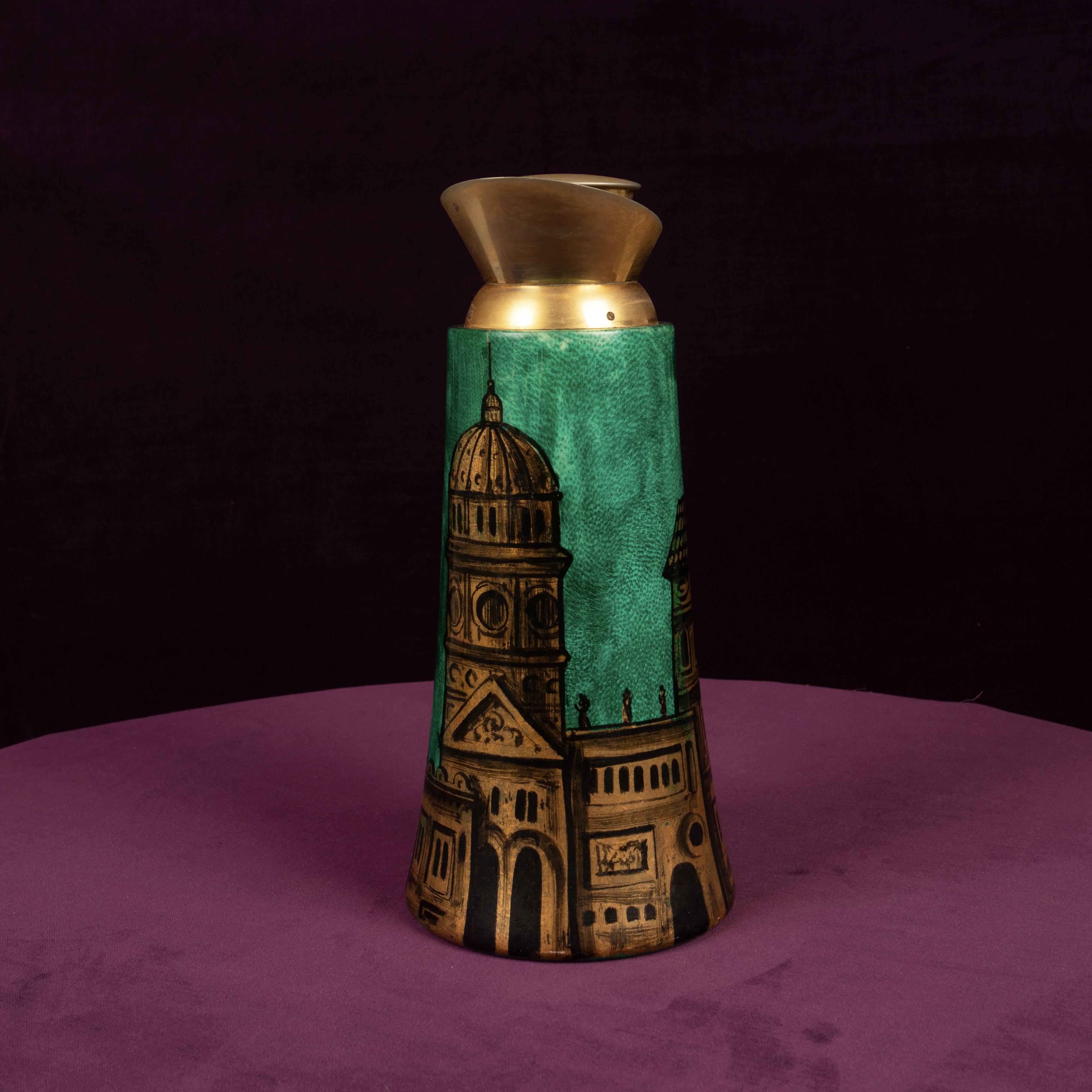 Aldo Tura Mod. 968D Hand-Decorated Green Goatskin Parchment Thermos Italy 1960