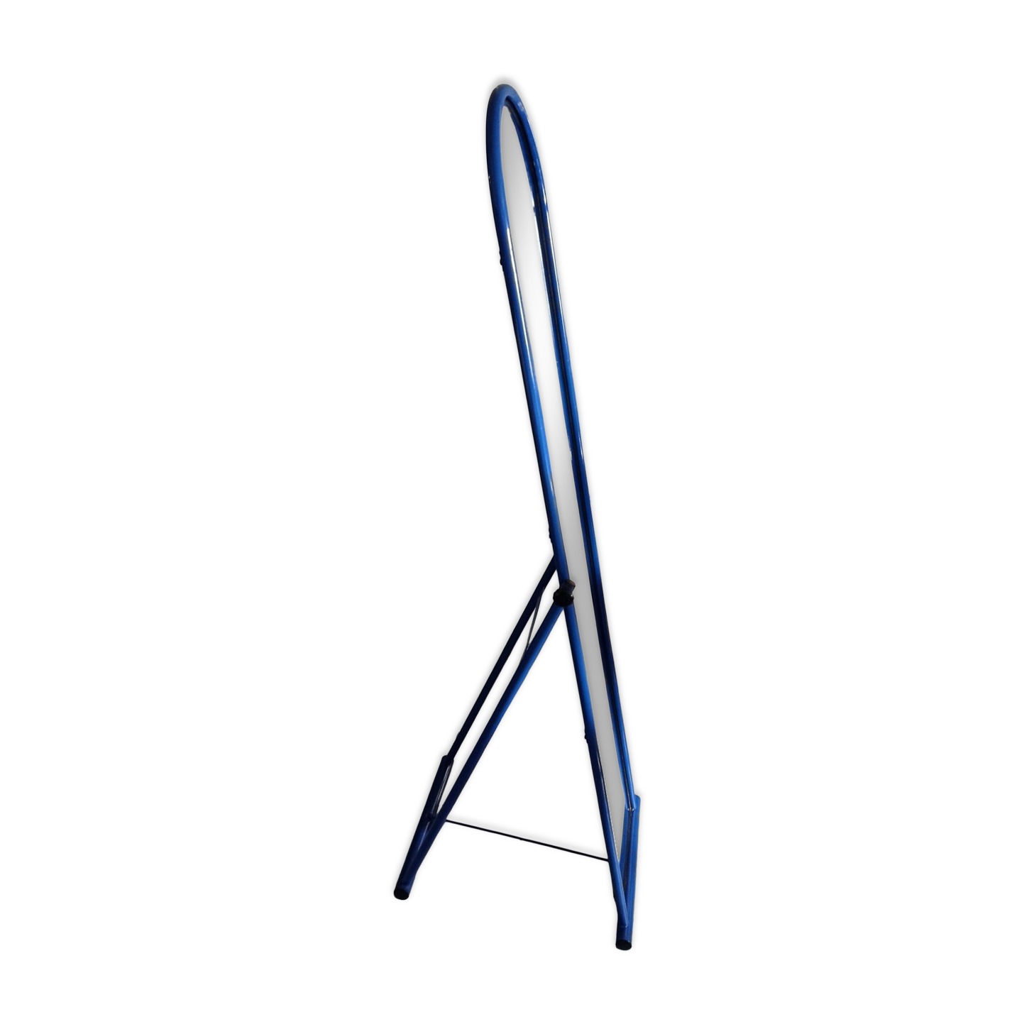 Adjustable mirror on vintage blue tubular structure stand