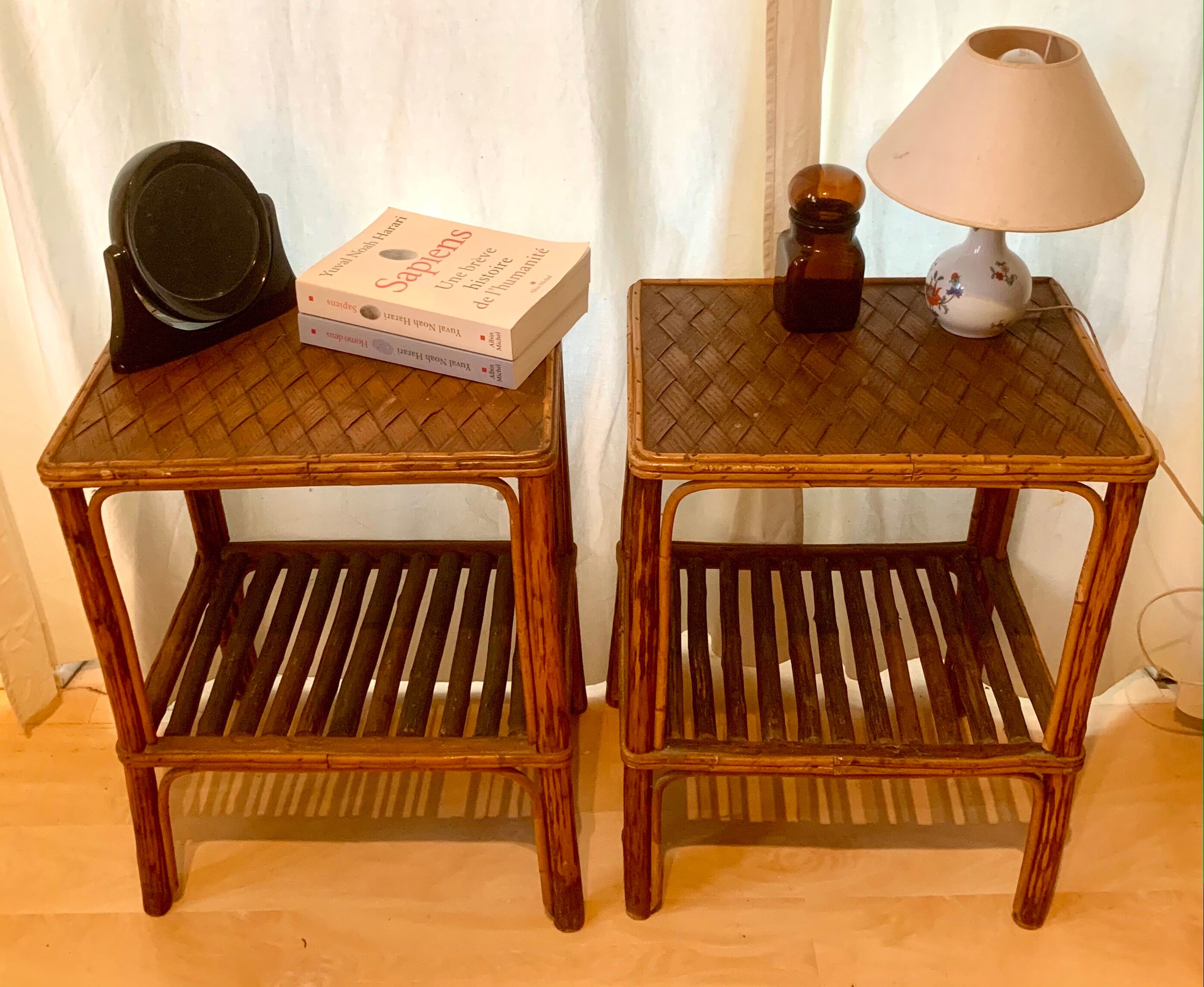 Pair of rattan bedside tables