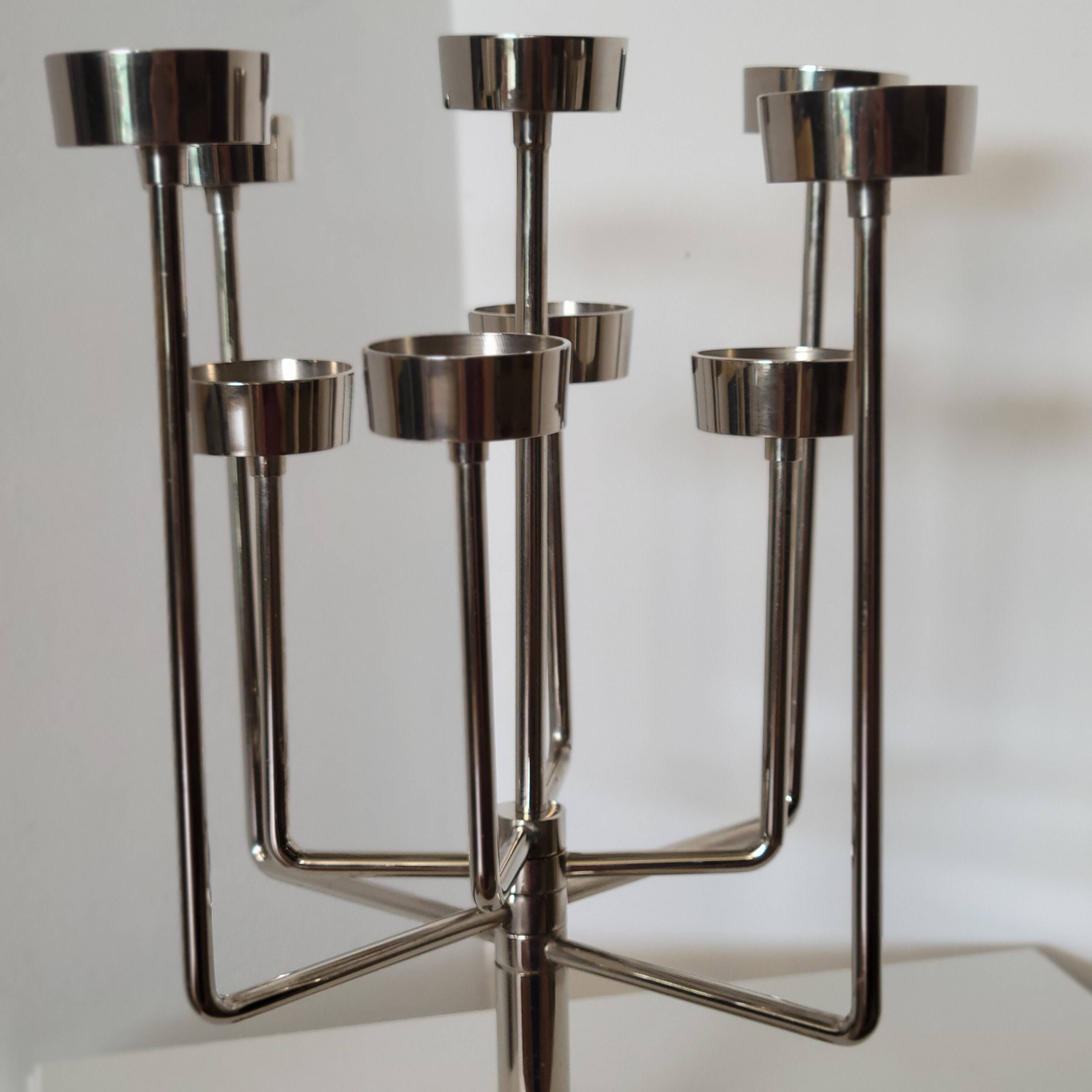 Candle holder with 9 branches in chrome-plated metal