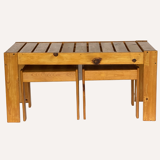 Scandinavian slatted pine coffee nesting table bench with stools or side tables, 1970s