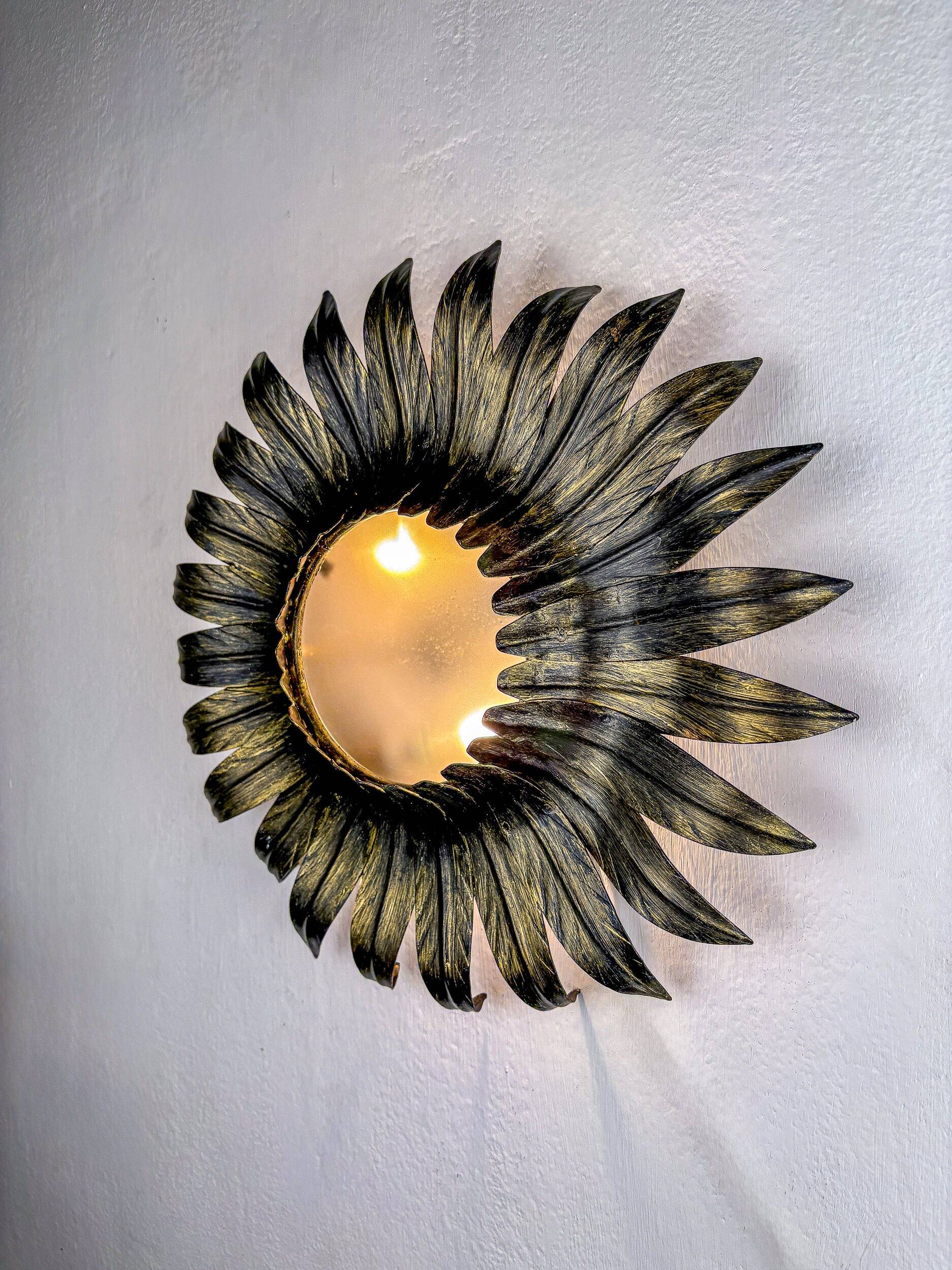 Spanish sunburst foliage ceiling light fixture in gilt iron, 1960s