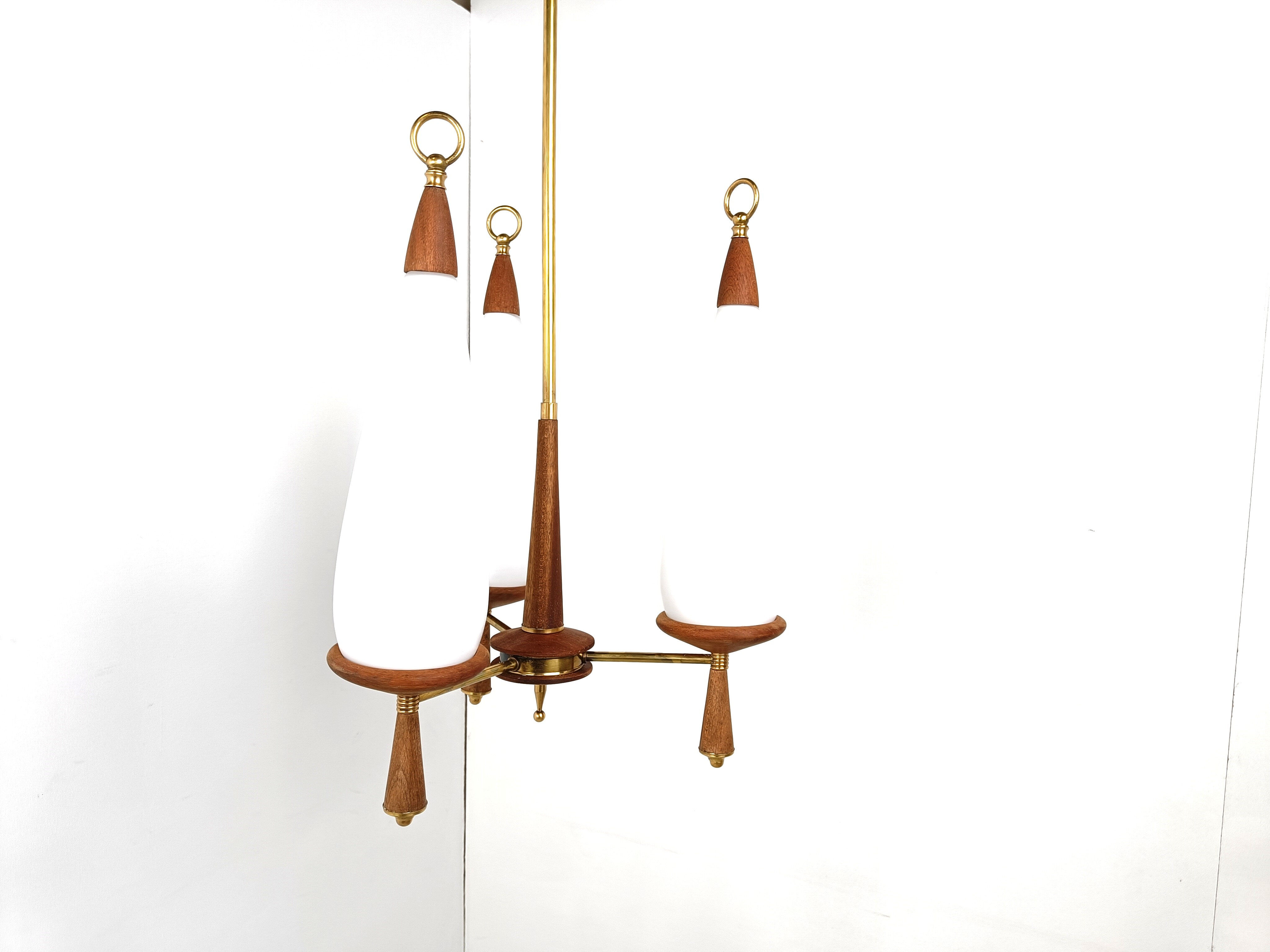 Vintage teak chandelier with white glass shades, 1960s