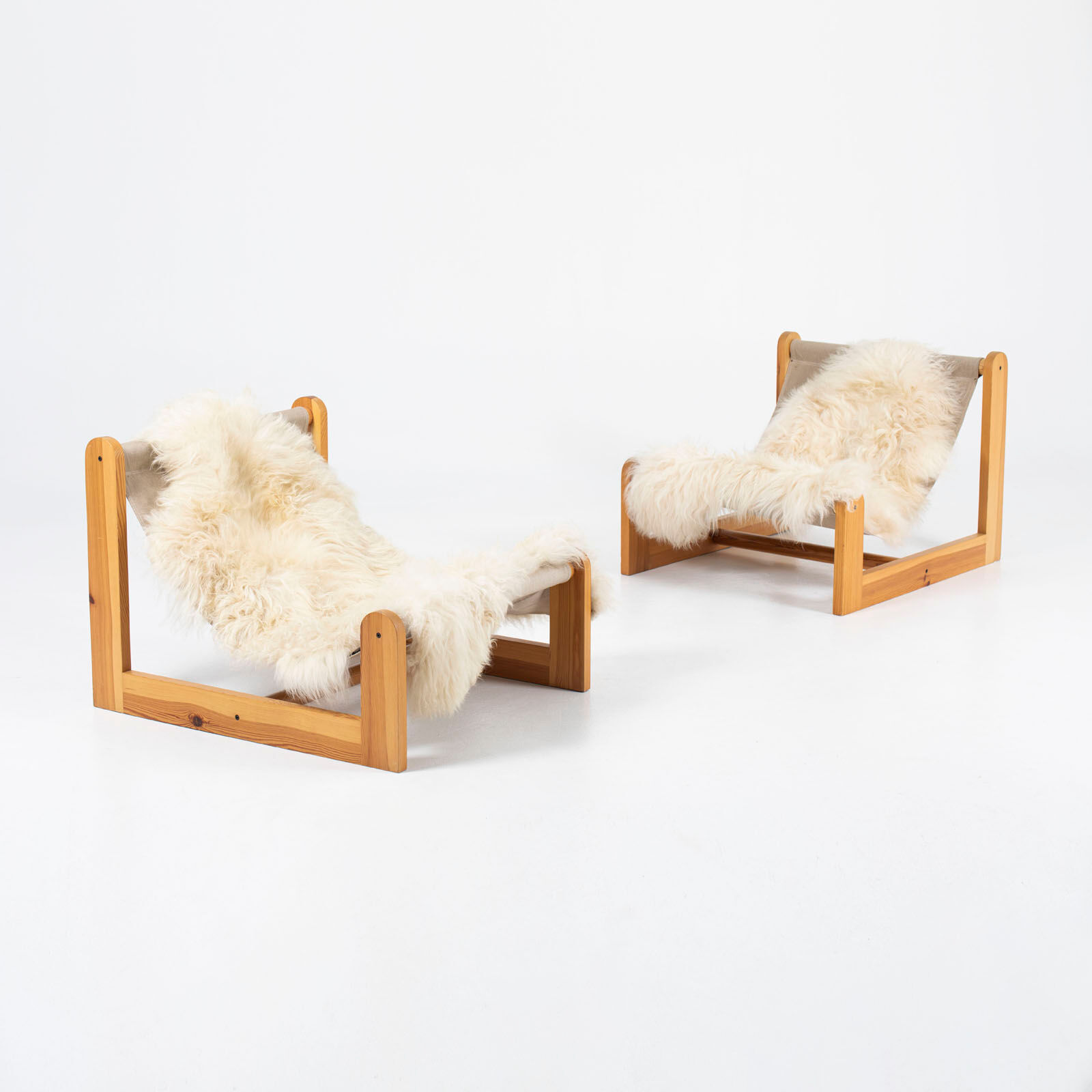 Sling chair in pine, canvas and sheepskin, 1970s