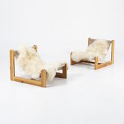Sling chair in pine, canvas and sheepskin, 1970s