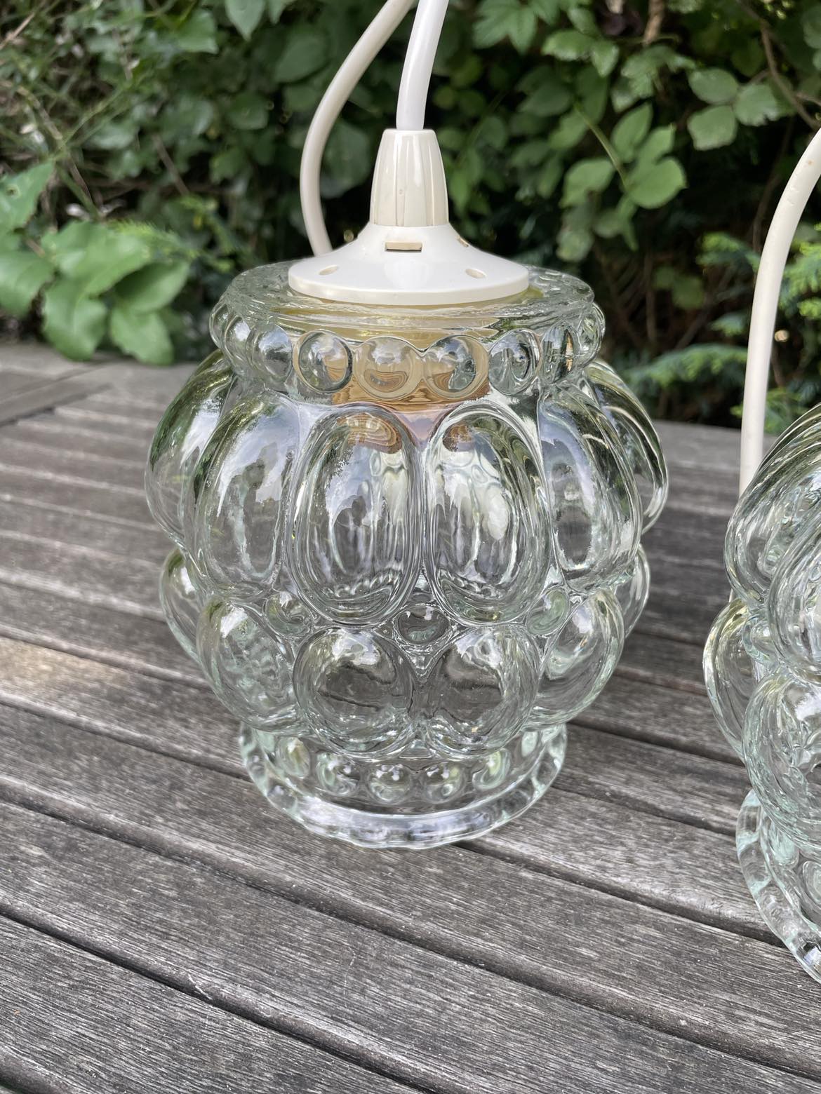 Pair of Bubble Pendant Lamps in Amber Glass Vintage 70s
