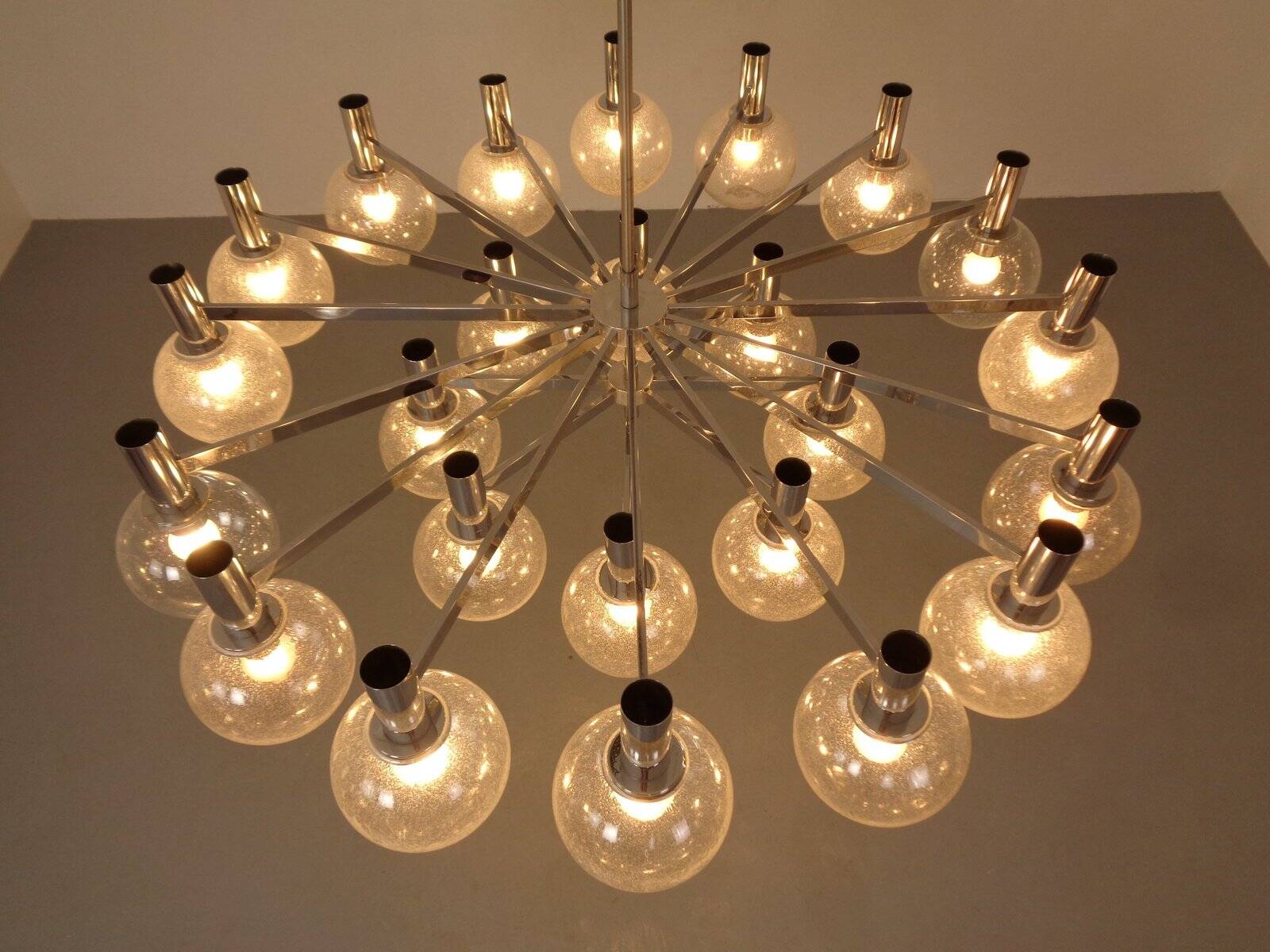 Large chromed spider Sputnik lamp with 24 hand-blown ice glass balls from Ott International, Germany, 1960s.