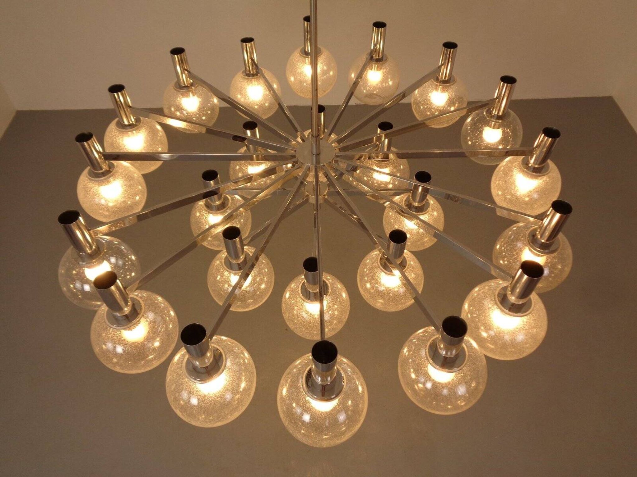 Large chromed spider Sputnik lamp with 24 hand-blown ice glass balls from Ott International, Germany, 1960s.