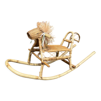 Vintage rattan rocking horse from the 50s