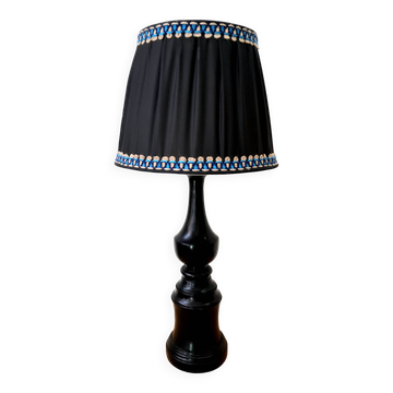 Lampe en bois art déco 1930 et abat jour couture