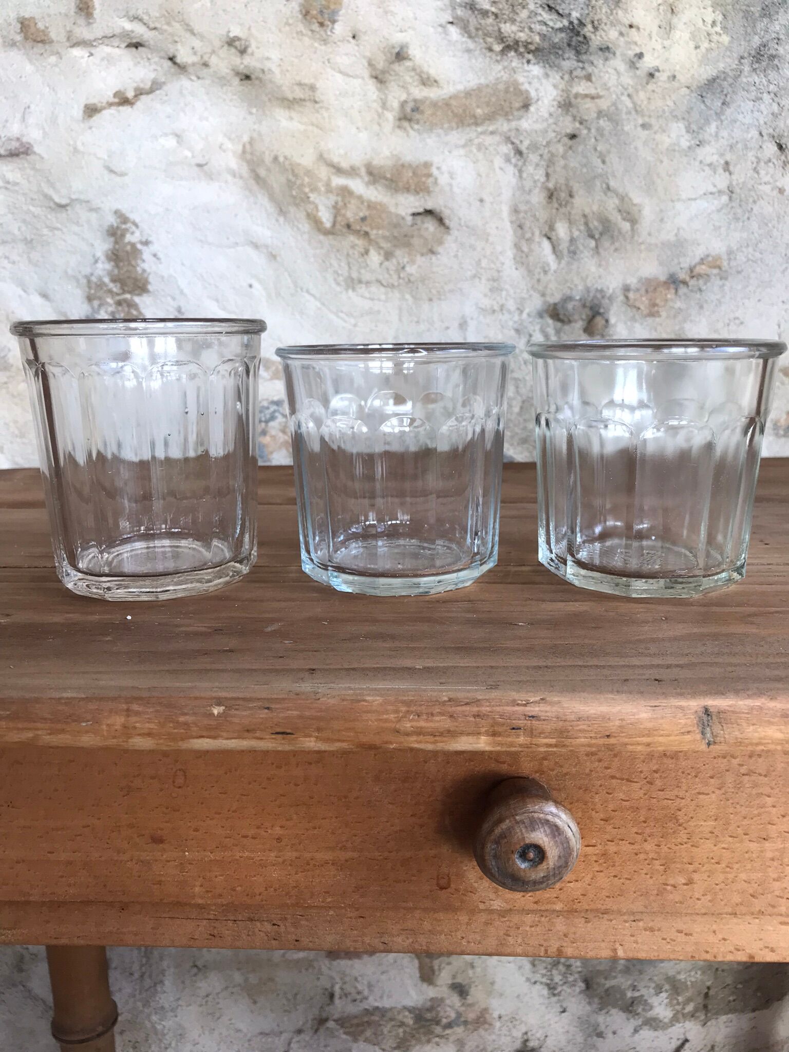 3 mismatched glass jam jars