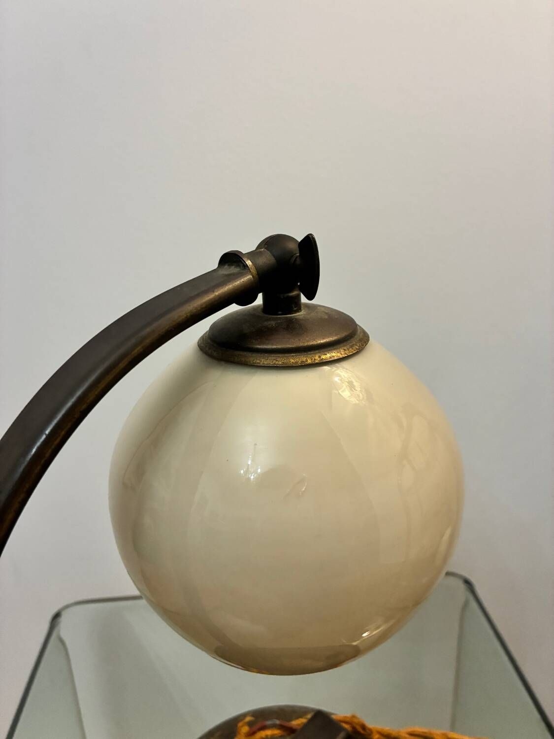 Antique Art Deco lamp with opaline glass and brass fittings, 1930s