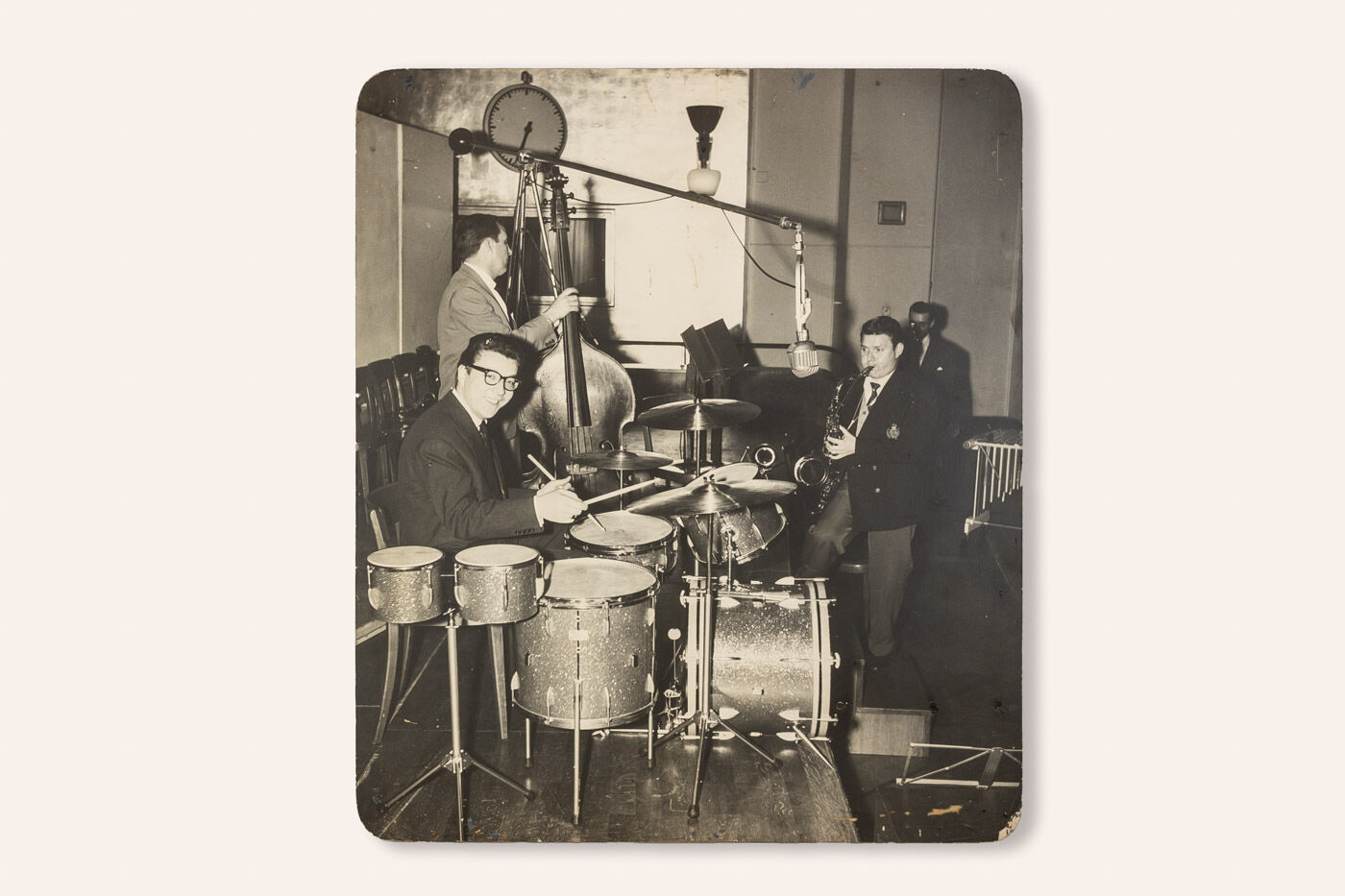 Jazz Band, 1940s b/w images on heavy wooden panels, 85 x 99 cm
