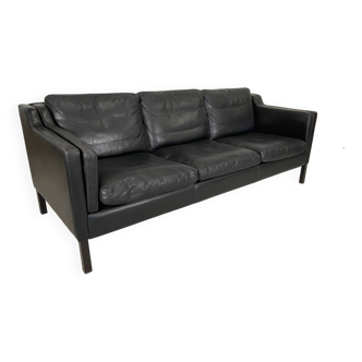 Vintage danish black leather 3 person stouby sofa
