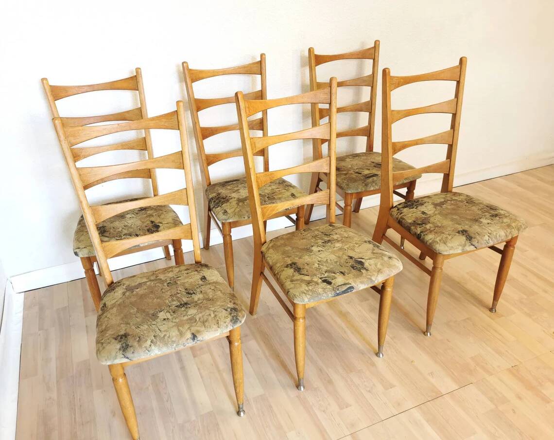 Set of 6 Vintage Wooden Dining Chairs: 1970s Mid-Century Bistro Style