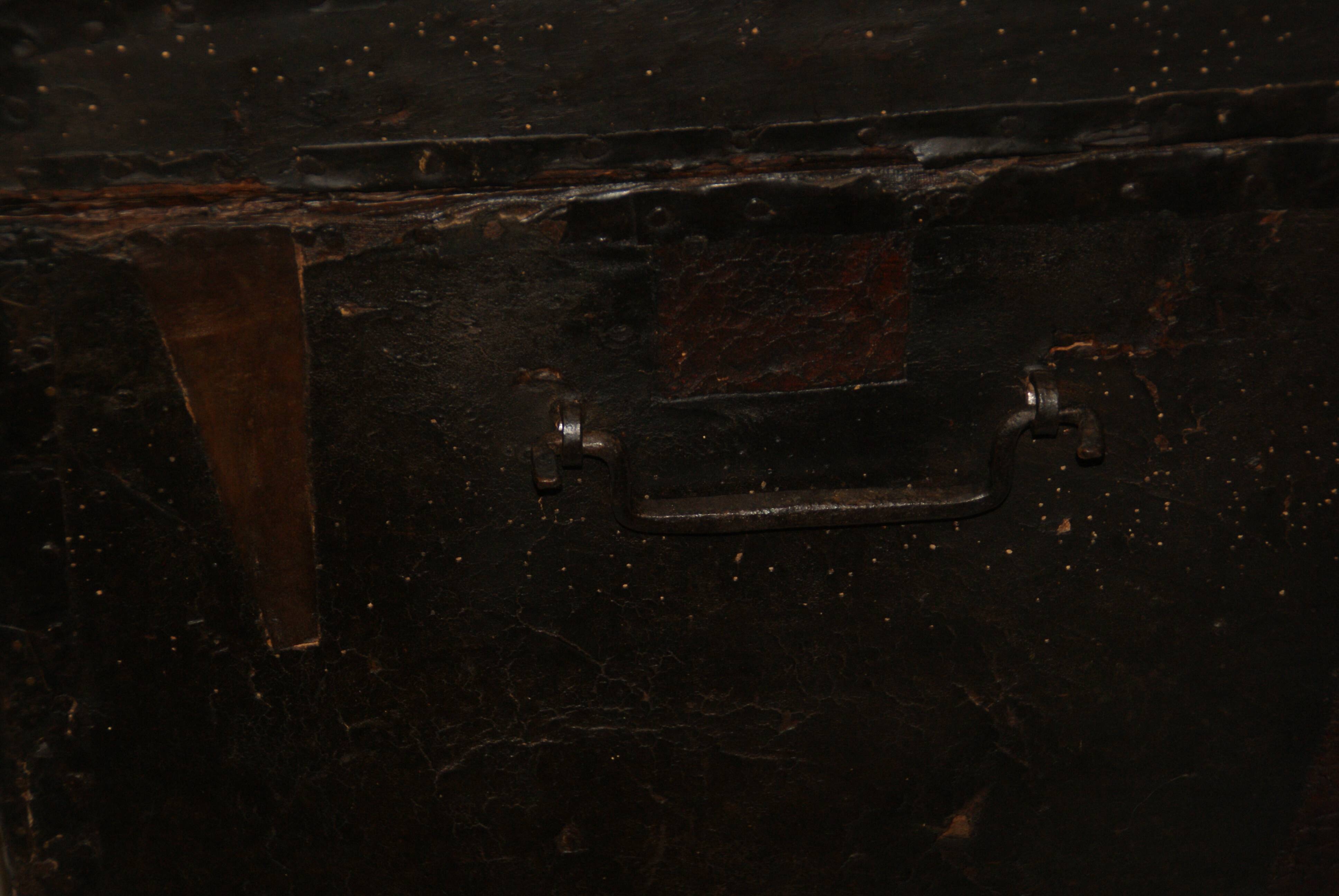 17th century studded leather travel trunk, richly decorated