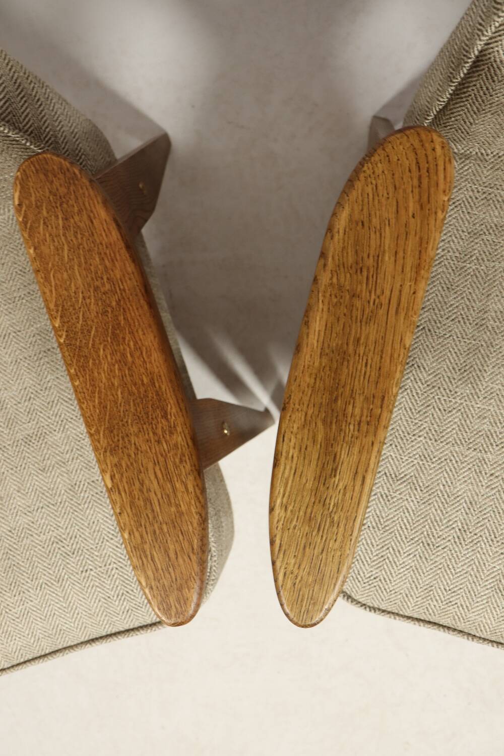 Vintage armchair in natural rustic oak wood herringbone fabric modern design by Chierovsky