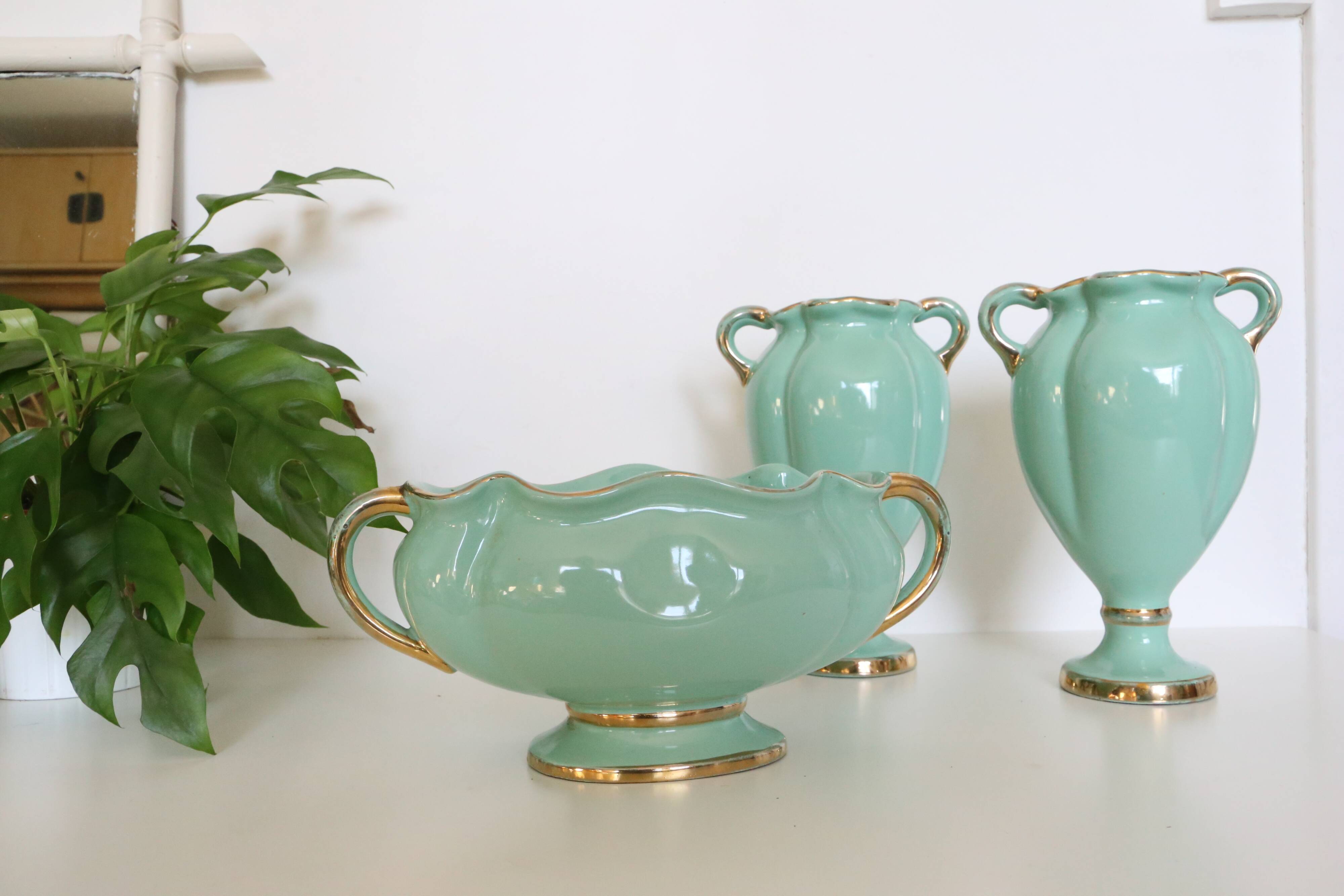 Ceramic planter, mint green, France / Vintage French
