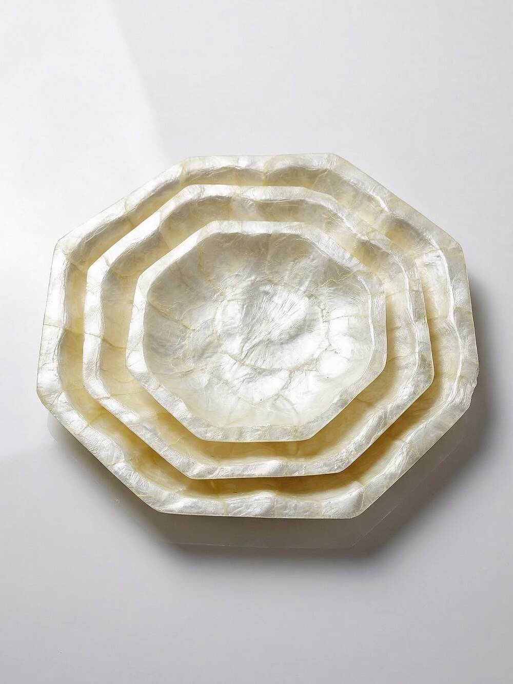 Octagonal capiz shell bowls/trays, vintage Asia from the 1970s-1980s.