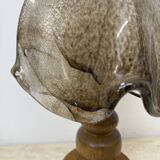 Vintage brutalist glass table lamp with solid oak wooden base , 1970s