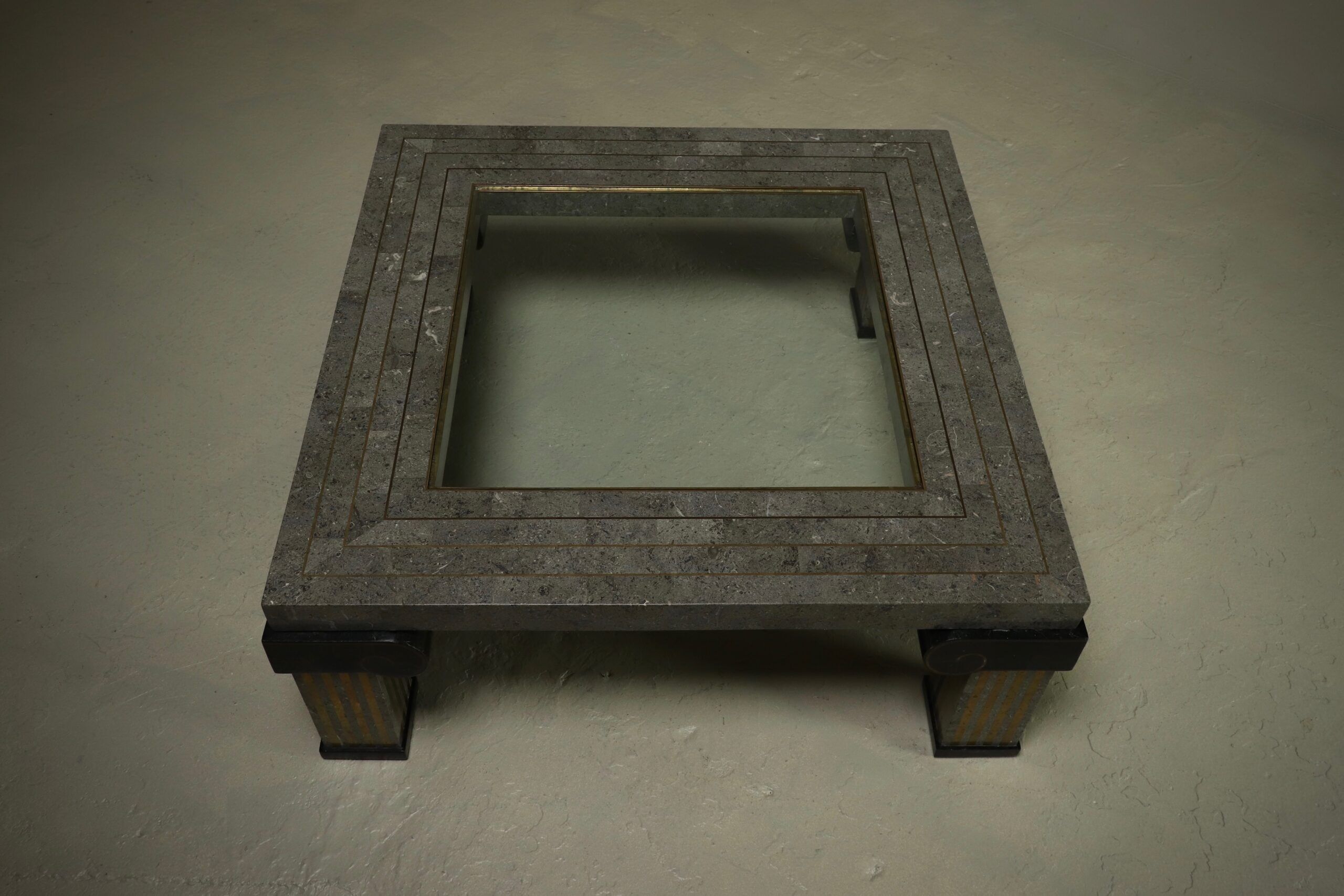 Large Maitland-Smith tessellated stone and brass coffee table 1980s