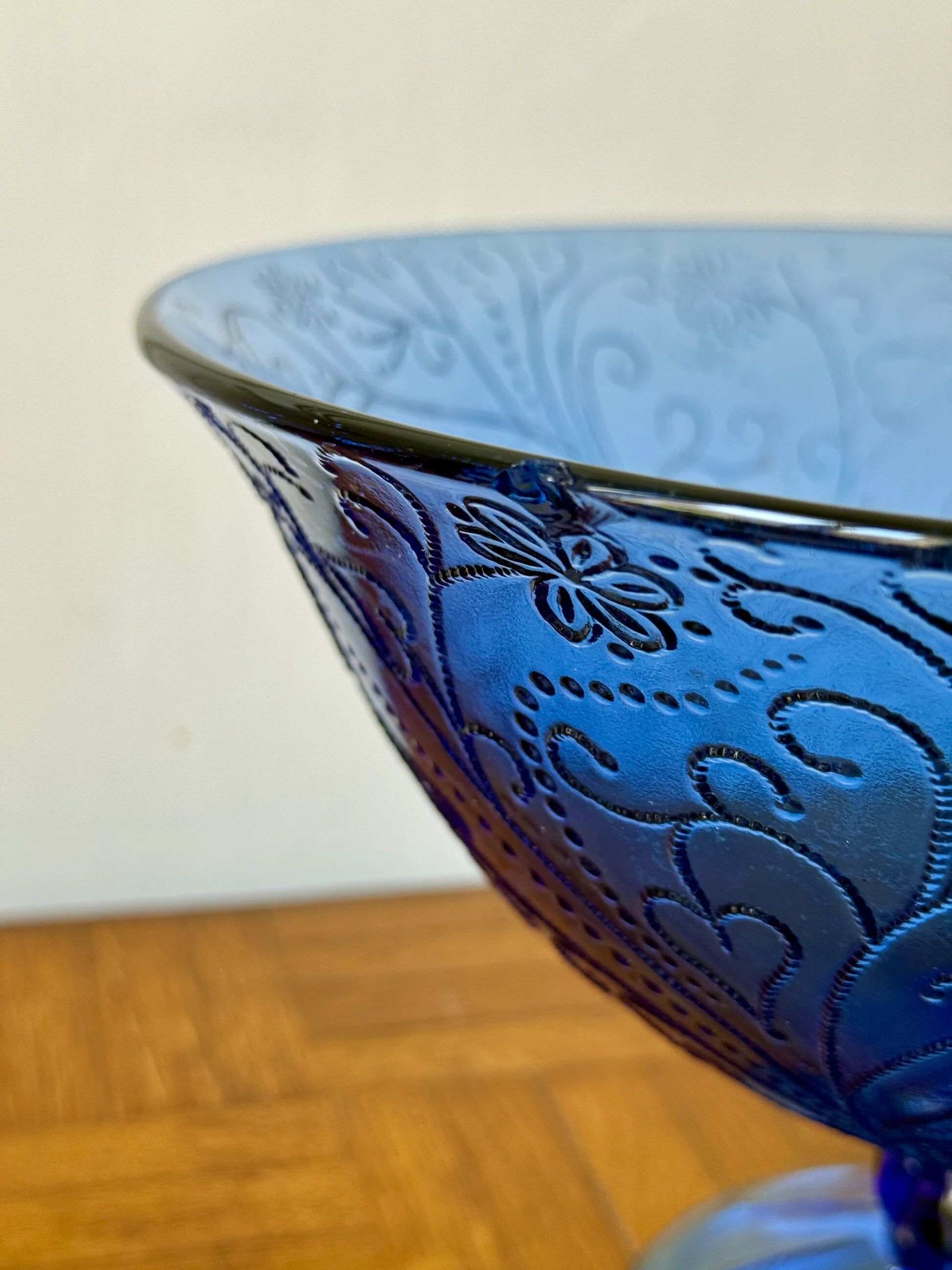 Bluish glass fruit bowl