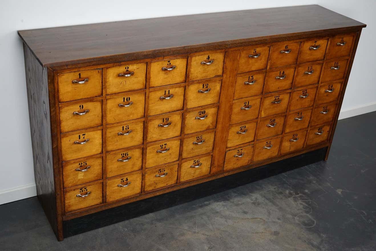 Dutch industrial apothecary cabinet in beech and oak 1940s