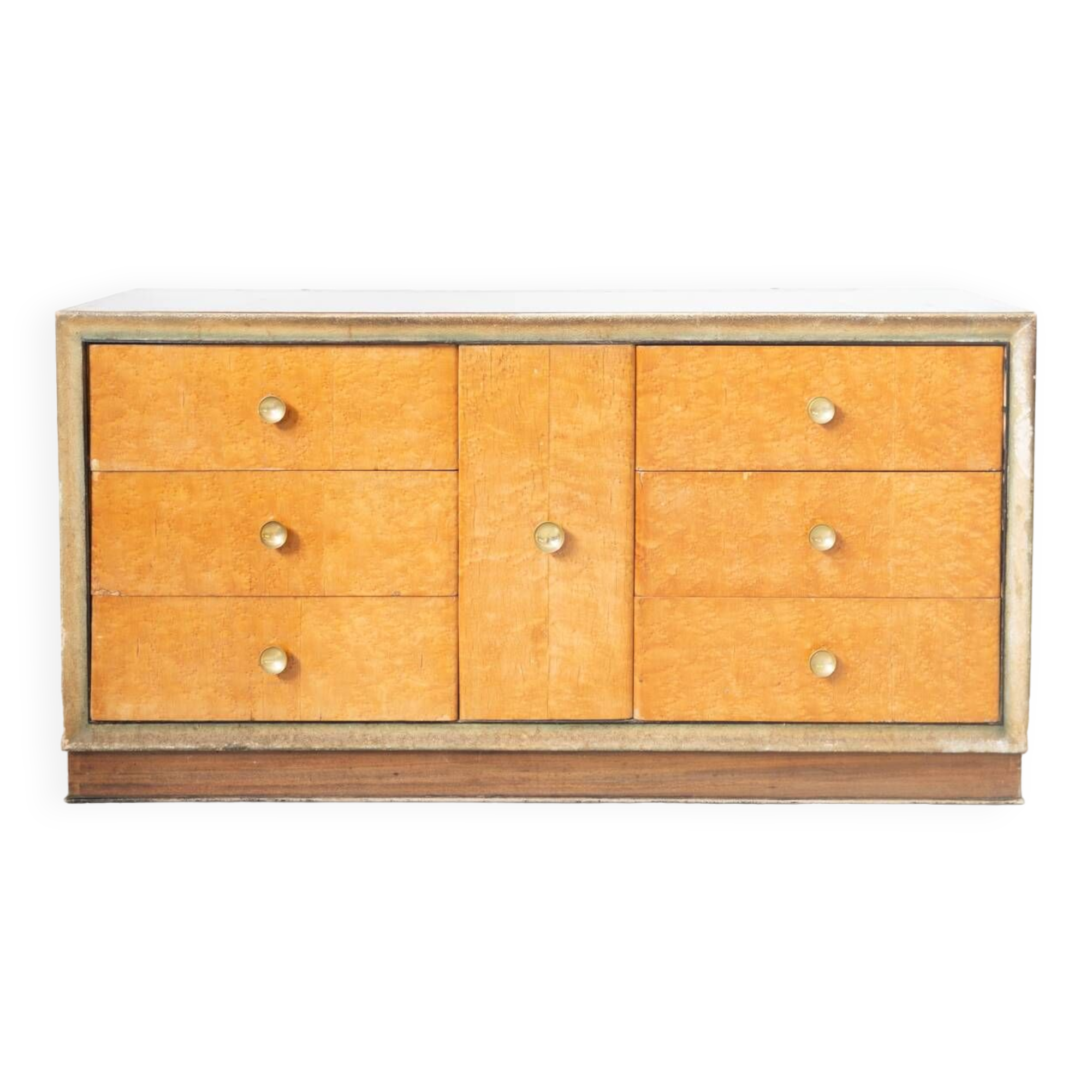 Comò in radica di betulla, con maniglie in ottone, 1950