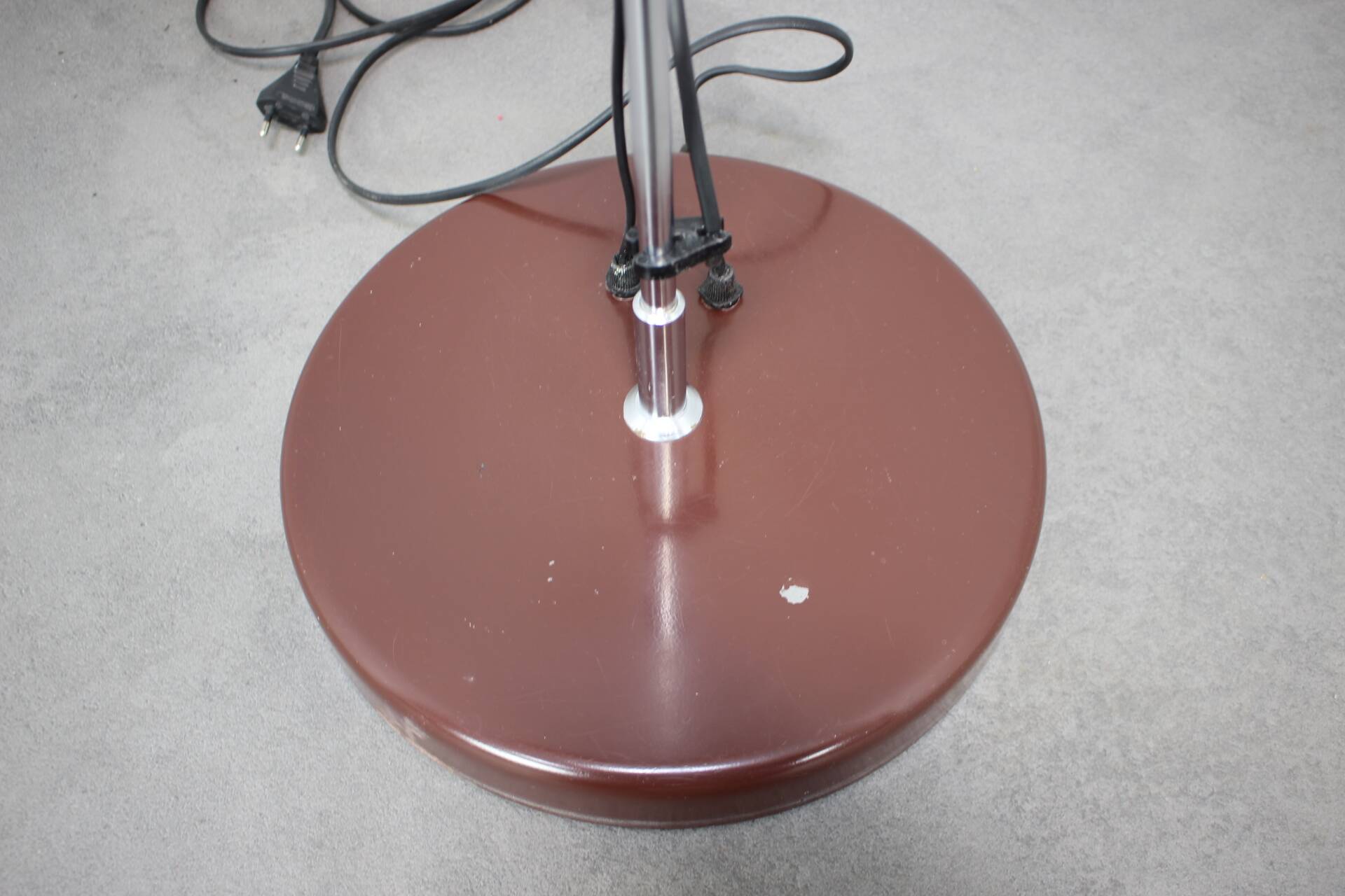 Vintage Hungarian adjustable floor lamp with two orange globe shades, circa 1970.