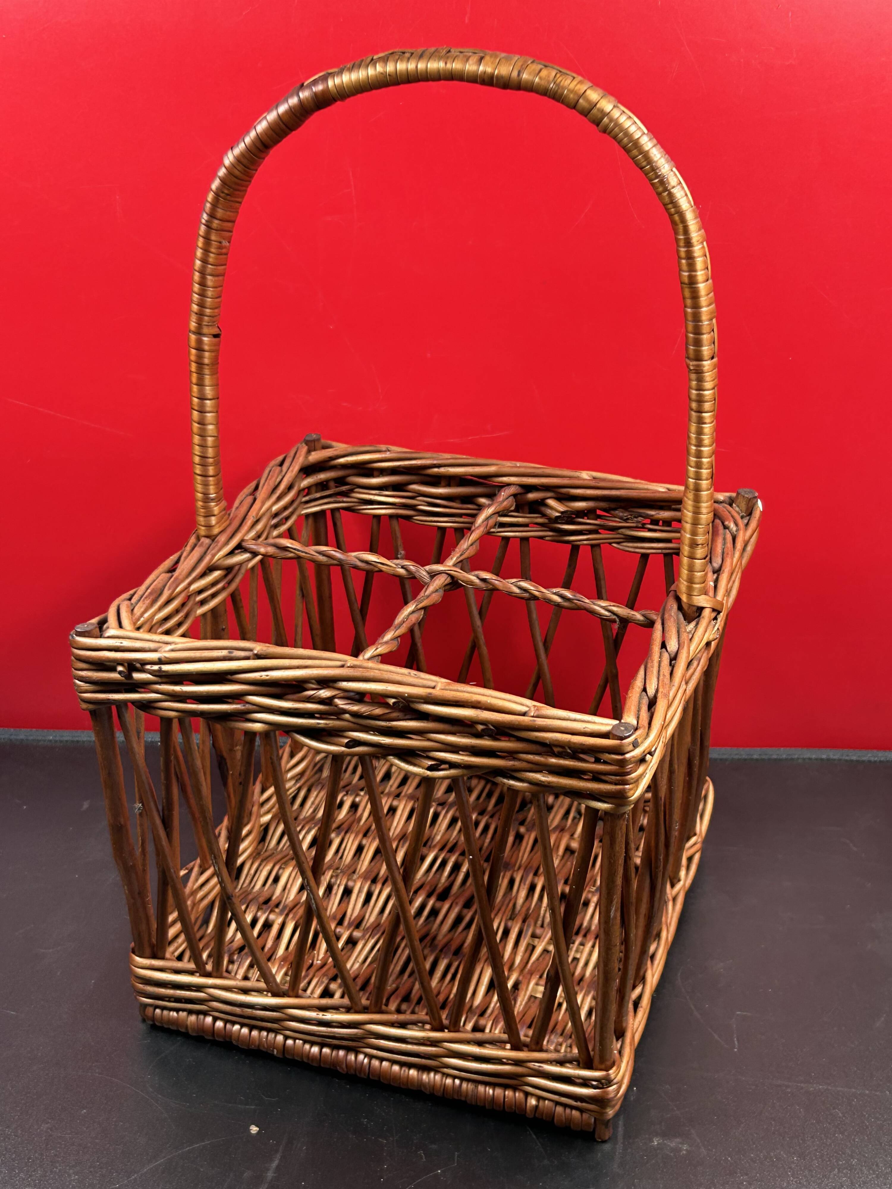 Antique Wicker Basket 4 Bottle Basket Good Condition 23 x 23 x 39 cm