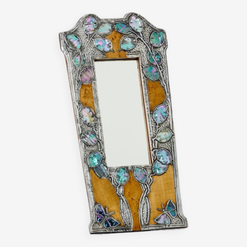 Art Nouveau table mirror in mother-of-pearl pewter and amboyna magnifying glass, circa 1910