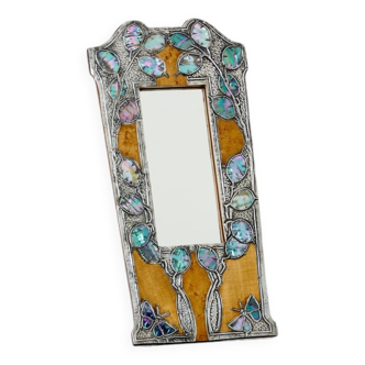 Art Nouveau table mirror in mother-of-pearl pewter and amboyna magnifying glass, circa 1910