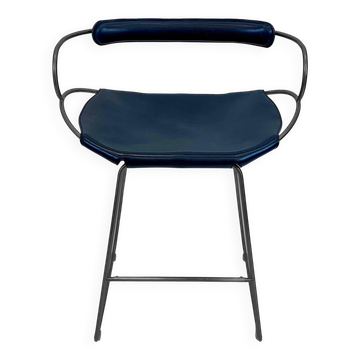 Contemporary organic bar stool with a smoked black metal backrest and navy blue leather.
