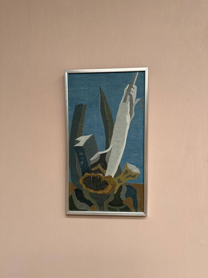 Original Swedish Oil on Canvas – "Aqave" by Marit Wahlström Schönbäck – Signed – Dated 1969 – Framed – 37 × 64 cm